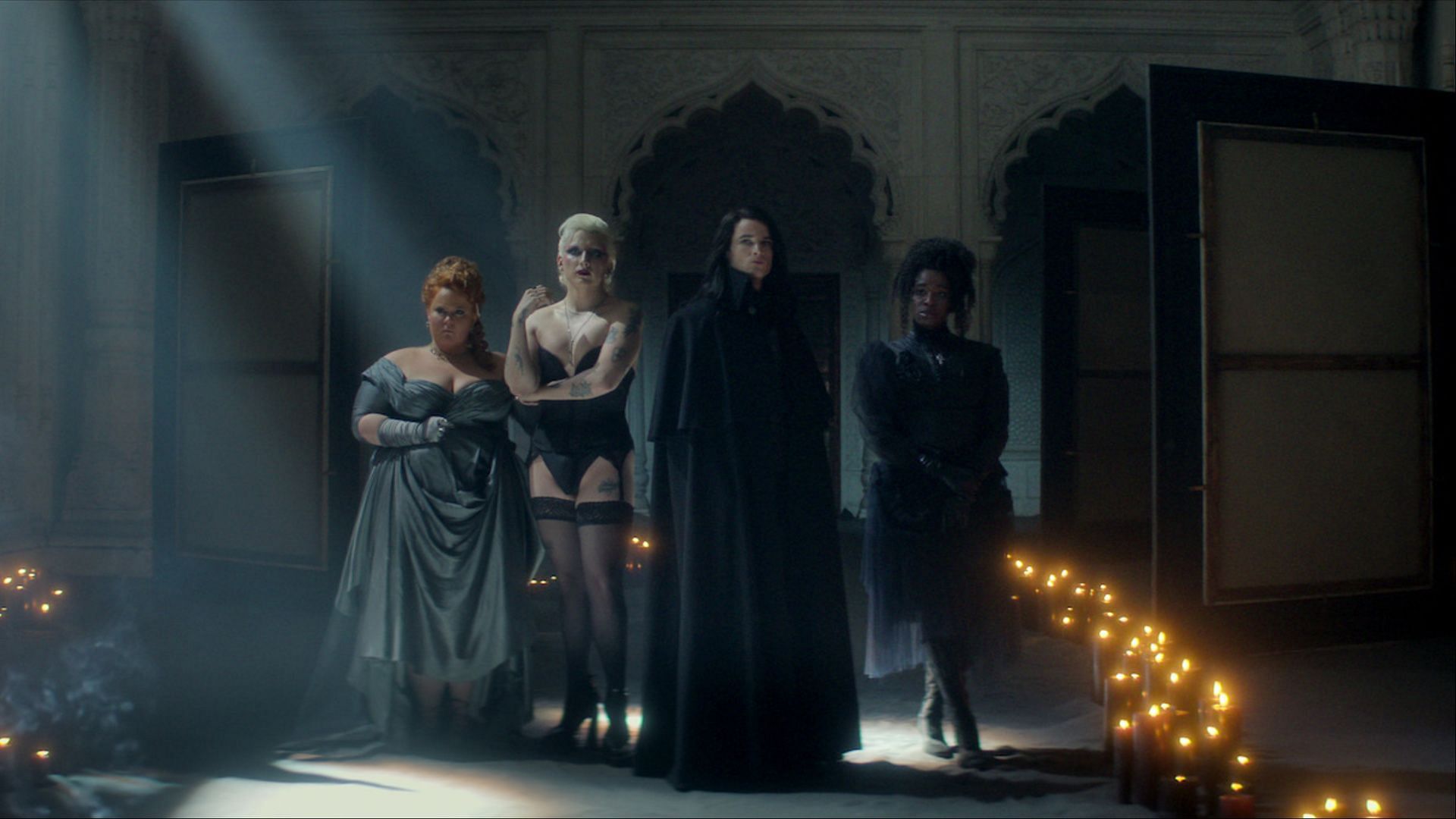 Several returning and new characters assemble in a ceremonial chamber in The Sandman season 2. (Image via Netflix)